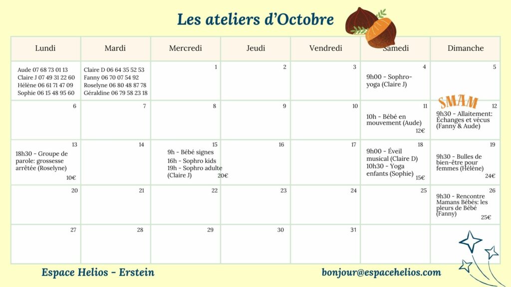 Programme des ateliers de l'Espace Helios au mois d'Octobre