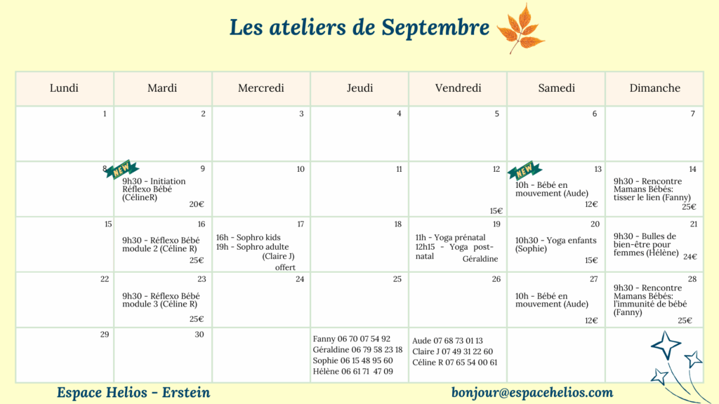 Programme des ateliers de l'Espace Helios au mois de Septembre