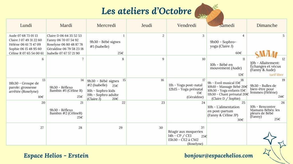 Planning des ateliers à l'Espace Helios, Erstein (67)