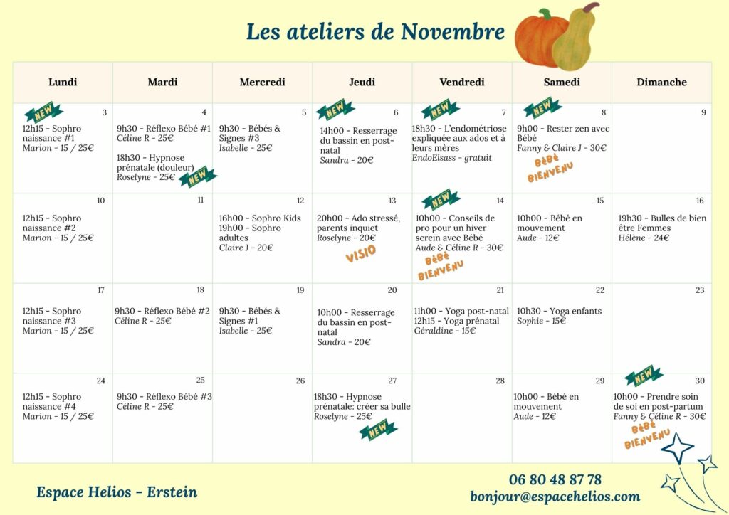 Planning des ateliers à l'Espace Helios, Erstein (67) pour (futurs) parents et enfants