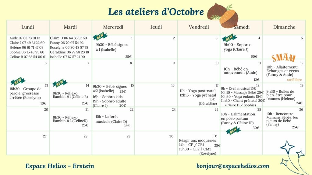Planning des ateliers à l'Espace Helios, Erstein (67)