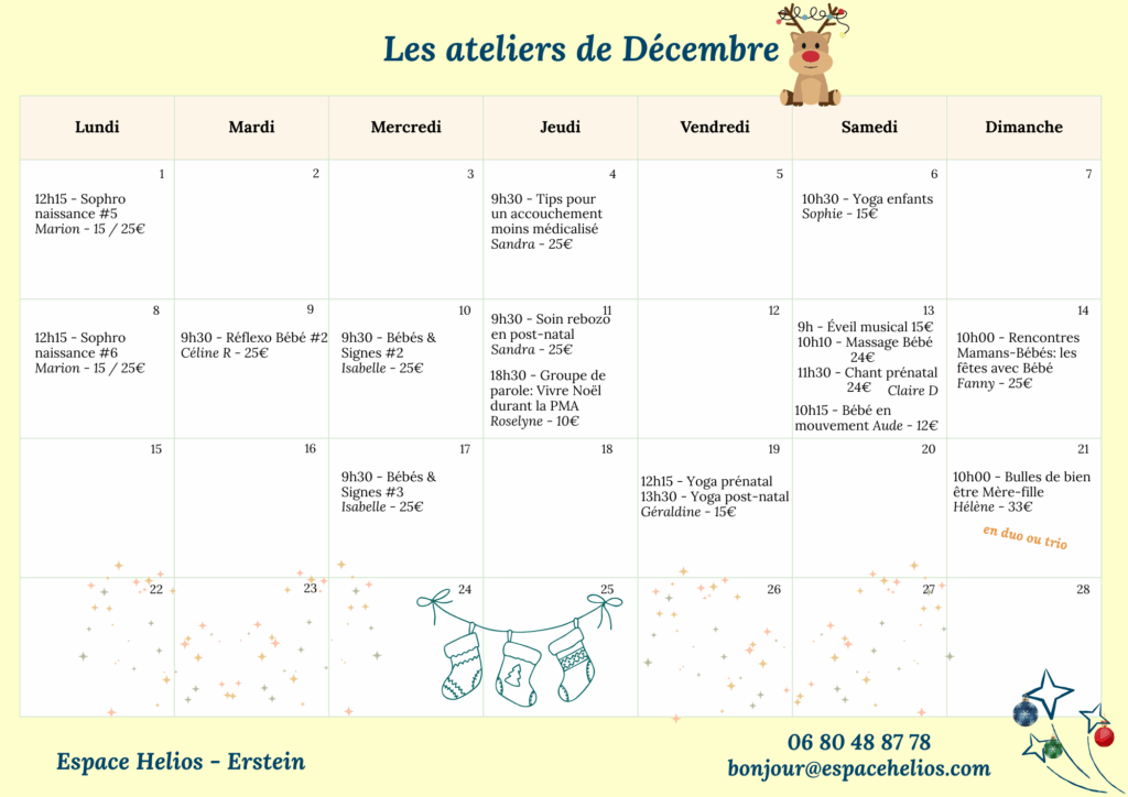 Planning Décembre des ateliers à l'Espace Helios, Erstein (67) pour (futurs) parents et enfants