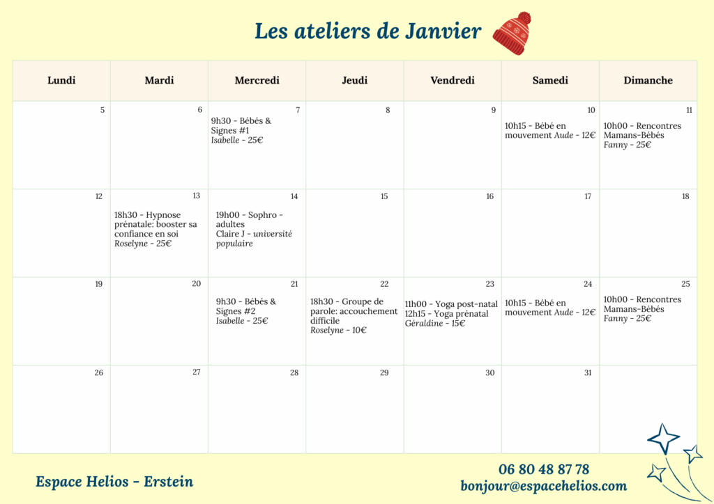 Planning Décembre des ateliers à l'Espace Helios, Erstein (67) pour (futurs) parents et enfants