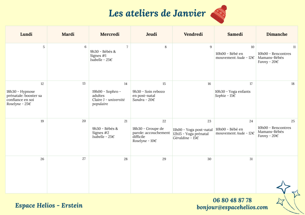 Planning Janvier des ateliers à l'Espace Helios, Erstein (67) pour (futurs) parents et enfants