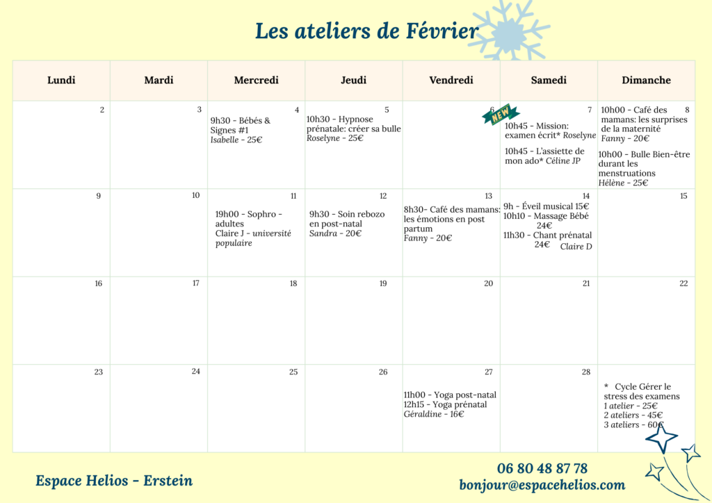 Planning Février des ateliers à l'Espace Helios, Erstein (67) pour (futurs) parents et enfants
