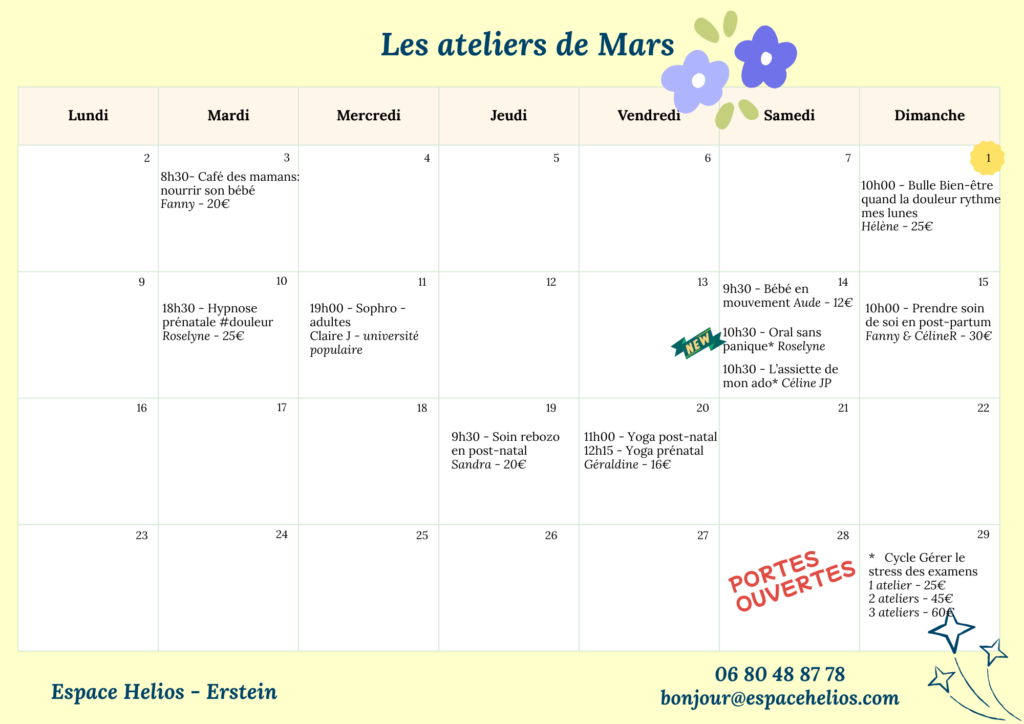 Planning Mars des ateliers à l'Espace Helios, Erstein (67) pour (futurs) parents et enfants
