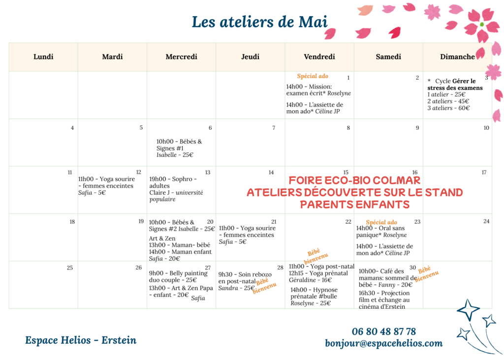 Planning Mai des ateliers à l'Espace Helios, Erstein (67) pour (futurs) parents et enfants