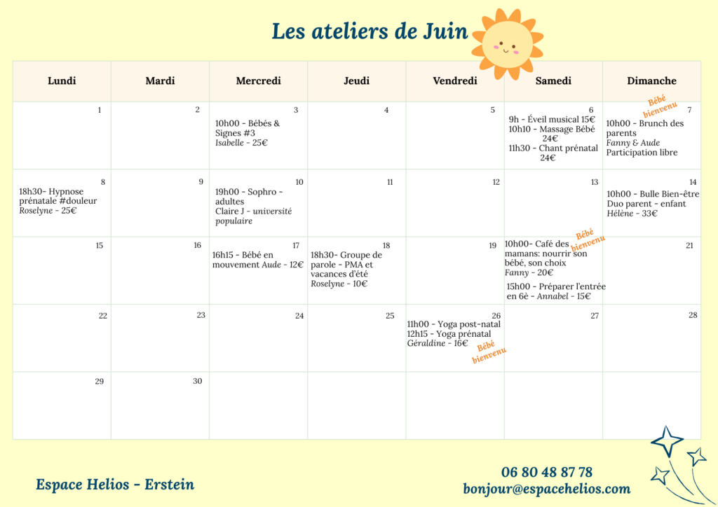 Planning Juin des ateliers à l'Espace Helios, Erstein (67) pour (futurs) parents et enfants