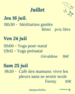 Planning Juillet des ateliers à l'Espace Helios, Erstein (67) pour (futurs) parents et enfants
