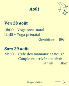 Planning août des ateliers à l'Espace Helios, Erstein (67) pour (futurs) parents et enfants