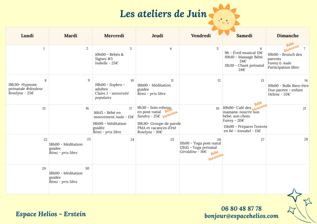 Planning Juin des ateliers à l'Espace Helios, Erstein (67) pour (futurs) parents et enfants