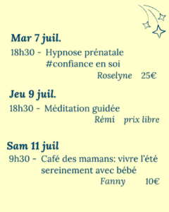 Planning Juillet des ateliers à l'Espace Helios, Erstein (67) pour (futurs) parents et enfants