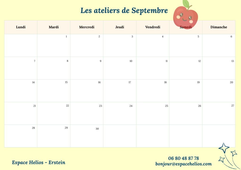 Planning Septembre des ateliers à l'Espace Helios, Erstein (67) pour (futurs) parents et enfants