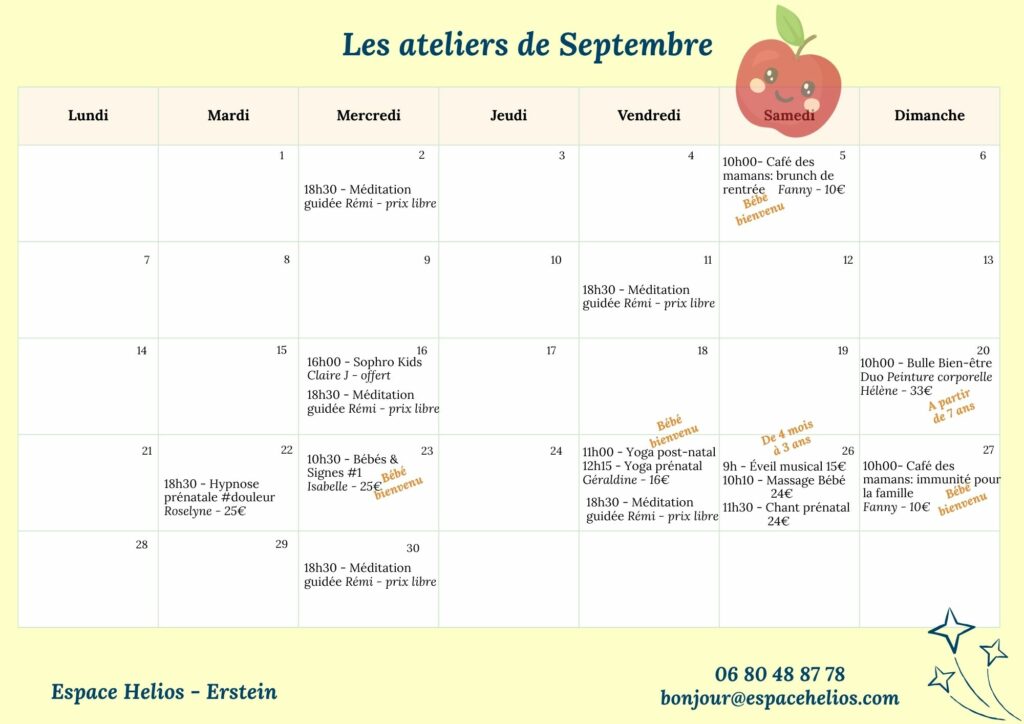 planning des ateliers en septembre, à l'Espace Helios Erstein pour futurs parents et enfants