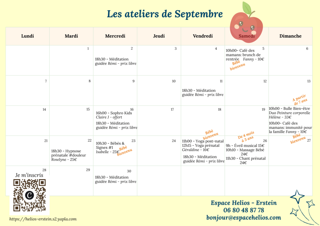 planning des ateliers à l'Espace Helios Erstein pour futurs parents et enfants / adolescents
